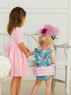 Baby Girls Fancy Me Floral Sleeveless Waterfall Bubble Romper with Signature Rear Ruffles