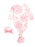SoftSnooze™ Baby Girls Bamboo Viscose Pink Butterfly Garden Toile Ruffle Knotted Sleep Gown & Bow Hat Set