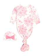 SoftSnooze™ Baby Girls Bamboo Viscose Pink Butterfly Garden Toile Ruffle Knotted Sleep Gown & Bow Hat Set