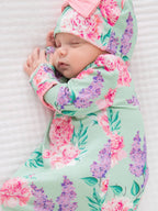 SoftSnooze™ Baby Girls Bamboo Viscose Sage Garden Ruffle Knotted Sleep Gown & Bow Hat Set