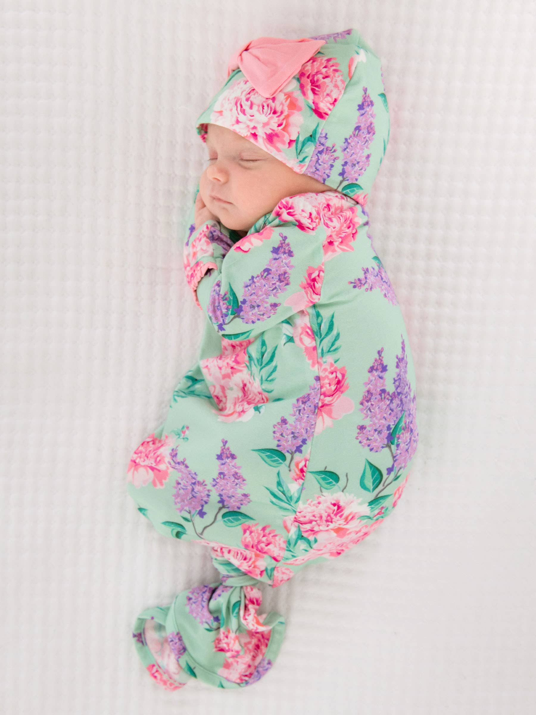SoftSnooze™ Baby Girls Bamboo Viscose Sage Garden Ruffle Knotted Sleep Gown & Bow Hat Set