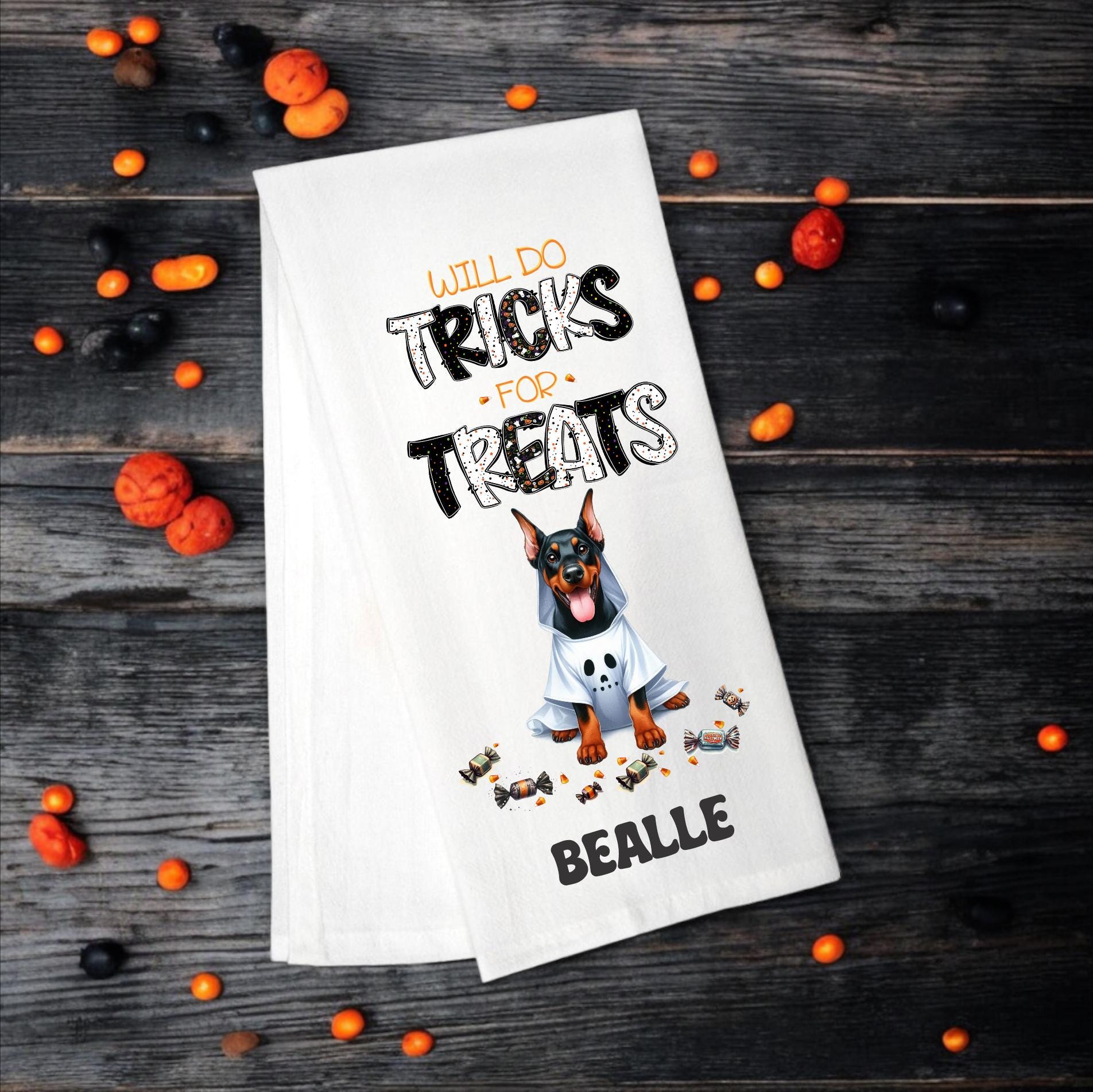 Doberman - Will Do Tricks for Treats Tea Towel - Premium Kitchen Towel from Pat's Monograms - Just $14.95! Shop now at Pat's Monograms